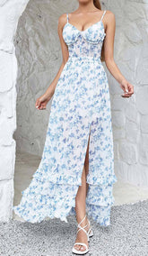 Strappy Corset Tiered Maxi Dress In Blue