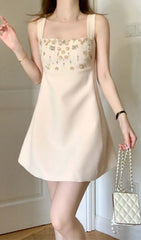 Strappy Crystal EmbelliShed Mini Dress In Beige