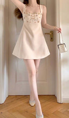 Strappy Crystal EmbelliShed Mini Dress In Beige