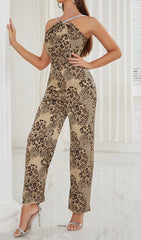 Strappy Leopard Print Jumpsuit In Brown
