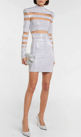 Striped Rhinestone Two Piece Set In Sliver