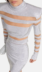 Striped Rhinestone Two Piece Set In Sliver
