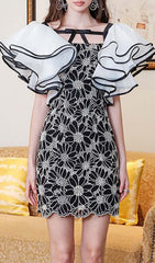 SunFlower Organza Puff Sleeves Mini Dress In Black