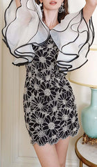 SunFlower Organza Puff Sleeves Mini Dress In Black