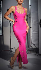 Button EmbelliShed Bandage Dress In Hot Pink