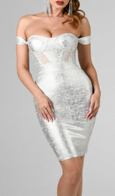 Sakari Off Shoulder Metallic Cocktail Dress - Silver