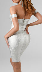 Sakari Off Shoulder Metallic Cocktail Dress - Silver