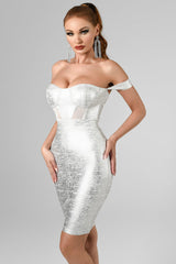 Sakari Off Shoulder Metallic Cocktail Dress - Silver