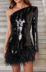 Black Sequin One Shoulder FeaTher Mini Dress