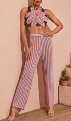 Floral Hollow Knitted Pants Set