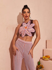 Floral Hollow Knitted Pants Set