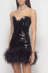 Strapless FeaTher-Trim Mini Dress In Black