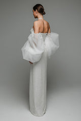 Strapless Puff Sleeves Shiny Glitter Wedding Dress