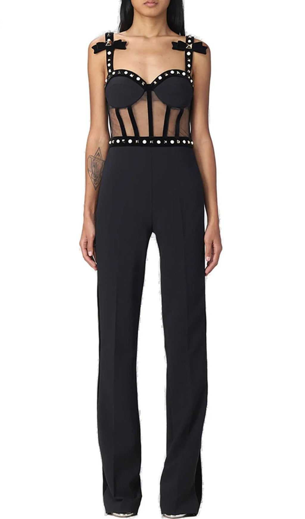 Strappy Beaded Mesh Jumpsuit