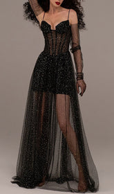 Strappy Draped Rhinestone Tulle Corset Maxi Dress In Black