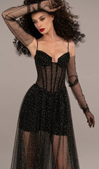 Strappy Draped Rhinestone Tulle Corset Maxi Dress In Black