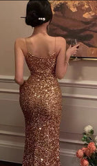 Strappy Sequins Slit Midi Dress In Gold