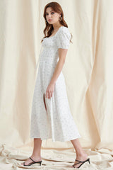 White Floral Puff Sleeve Maxi Dress