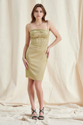 Olive Satin Ruched Corset Midi Dress