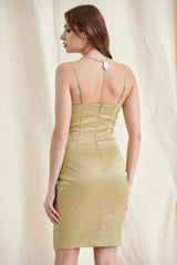 Olive Satin Ruched Corset Midi Dress