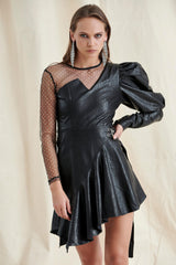 Black PU Puff Sleeve Mini Dress