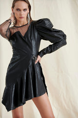 Black PU Puff Sleeve Mini Dress