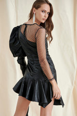 Black PU Puff Sleeve Mini Dress