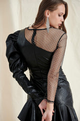 Black PU Puff Sleeve Mini Dress