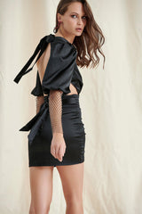 Black Satin Plunge Mini Dress