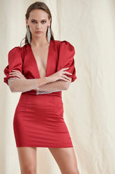 Red Satin Plunge Mini Dress