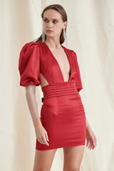 Red Satin Plunge Mini Dress