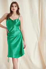Green Satin Ruched Midi Dress