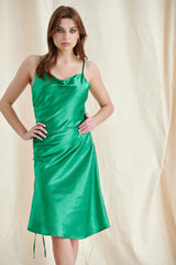 Green Satin Ruched Midi Dress