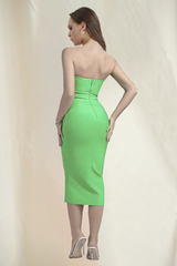 Green Strapless Hollow Out Midi Bandage Dress
