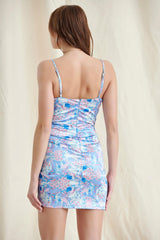 Printed Plunge Ruched Mini Dress