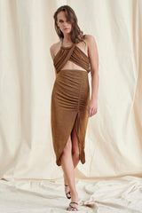 Brown Neck Chain Mesh Midi Dress