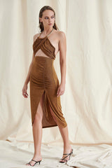 Brown Neck Chain Mesh Midi Dress