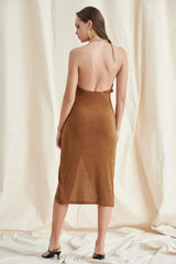 Brown Neck Chain Mesh Midi Dress