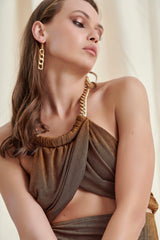 Brown Neck Chain Mesh Midi Dress