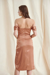 Coffee Satin Corset Midi Dress