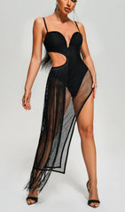 Tassel Mesh BodySuit Midi Dress In Black