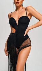 Tassel Mesh BodySuit Midi Dress In Black