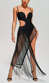 Tassel Mesh BodySuit Midi Dress In Black