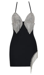 Tassel Plunge Mini Dress In Black