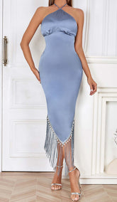 Tassel Satin Midi Dress In Blue