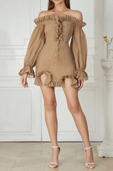 Textured Ruched FRILL Mini Dress In Brown