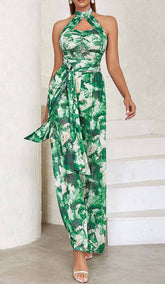Tie Front Halter Neck Backless Jumpsuit In Green