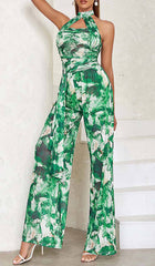 Tie Front Halter Neck Backless Jumpsuit In Green