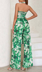 Tie Front Halter Neck Backless Jumpsuit In Green