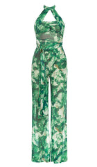 Tie Front Halter Neck Backless Jumpsuit In Green
